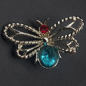 VIntage Insect Butterfly Brooch Silver Tone Red Blue Rhinestone Costume Jewelry